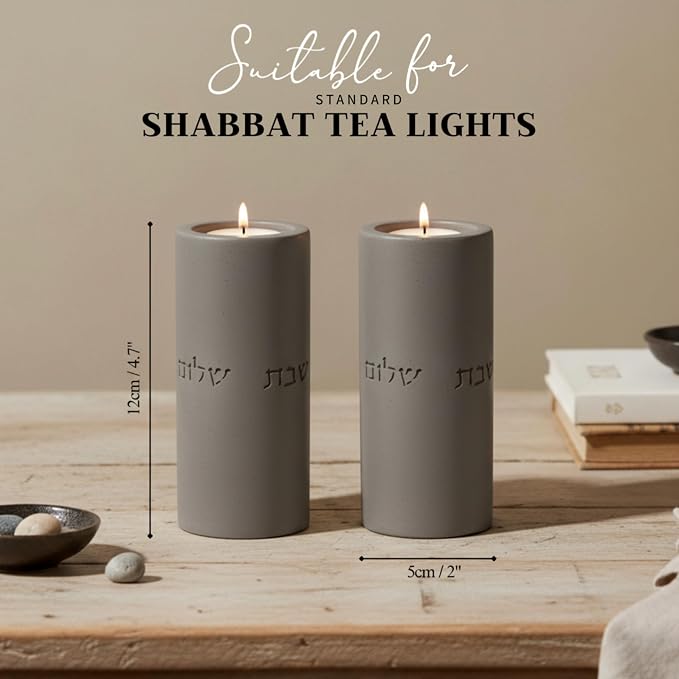 SURI Shabbat Candle Holders Set – Modern Judaica Gift for Shabbos & Jewish Holidays – Concrete Dripless Candle Holders for Tea Lights, Short & Tall – Minimalist Jewish Home Decor