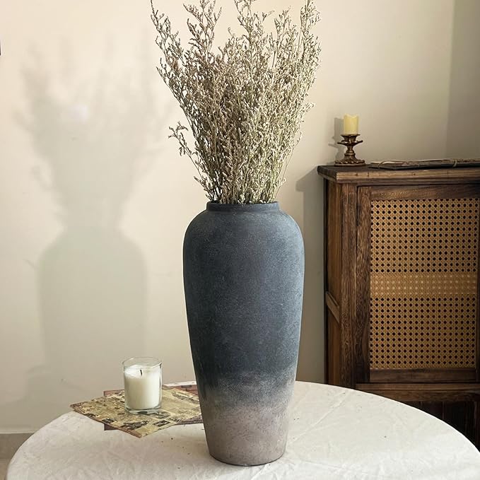 Ceramic Rustic Farmhouse Vase, 15 Inch Black Handmade Pottery Flower Vase for Home Decor, Rustic Living Room Decor, Wedding Gifts, Shelf & Table Decoration