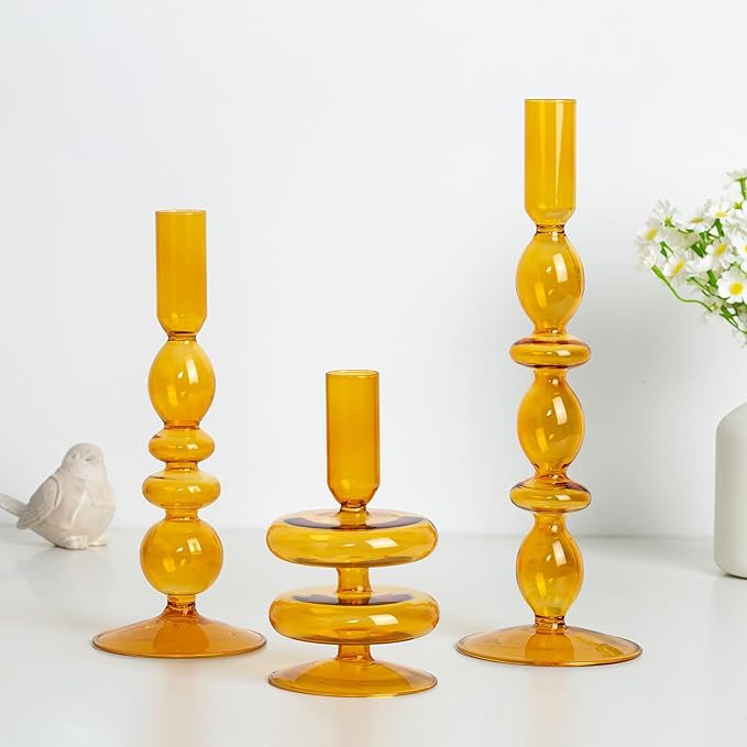 Hewory Glass Candlestick Holders: Light Amber Glass Taper Candle Holders Set of 3 Vintage Candle Stick Candle Holder, Colorful Glass Candle Holder for Table Centerpiece Wedding Dinner Party Home Decor