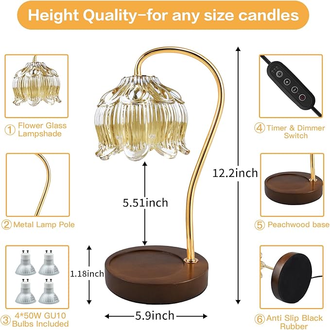 SupBri Dimmable Flower Candle Warmer Lamp, Gold Candle Warmer with Timer & 4Bulbs, Womens Gifts for Christmas Birthday, Unique Home Decor for Bedroom Living Room Decor Aesthetic