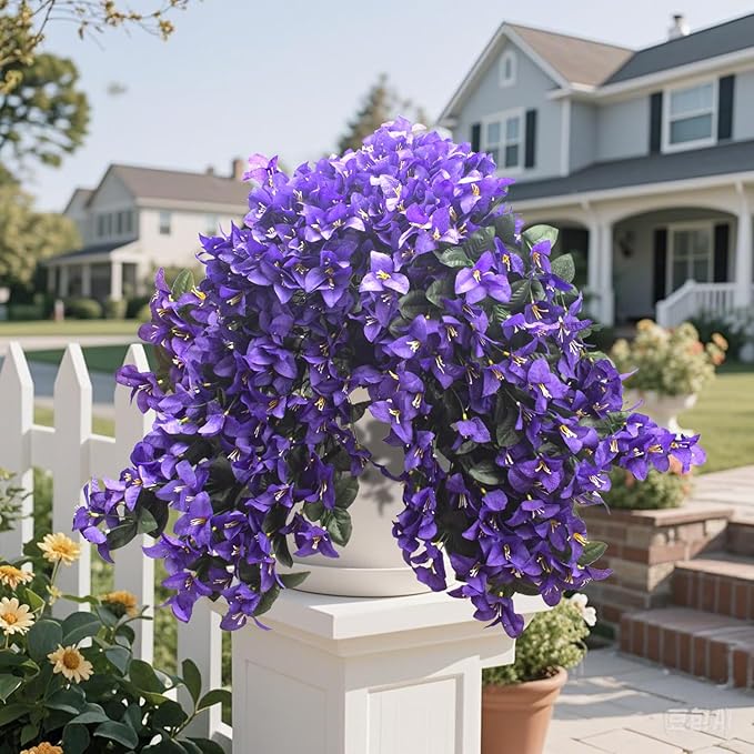 Grunyia 4 Pack Artificial Bougainvillea Hanging Basket Flowers – UV Resistant Fake Flowers with Silk Petals, Realistic Trailing Plants for Outdoor Indoor Wall Garden Home Wedding Decor (Purple)