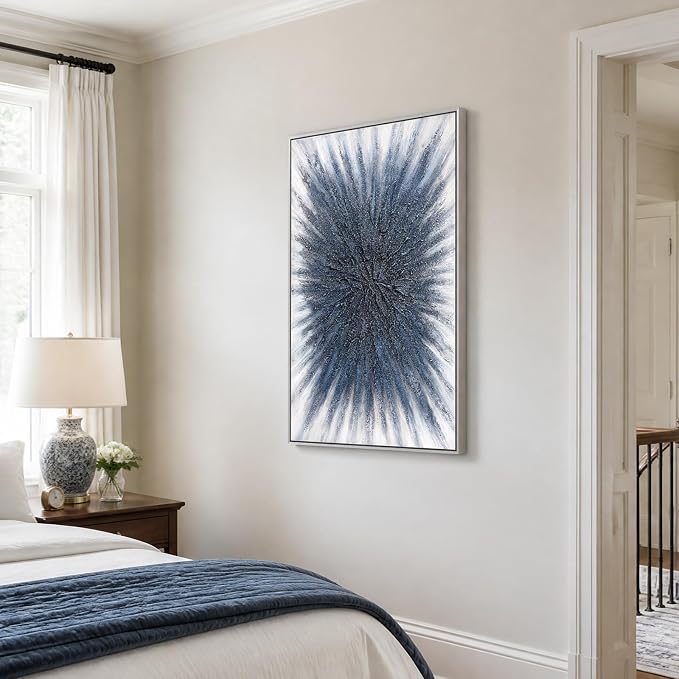 SAFERRYHOME Abstract Hand Painted Wall Art, Navy Blue, 24"x36" Framed | Shimmering Blue 3D Textured Framed Wall Decor, Modern Painting Radiant Burst Geometric Artwork for Home Office Living Room