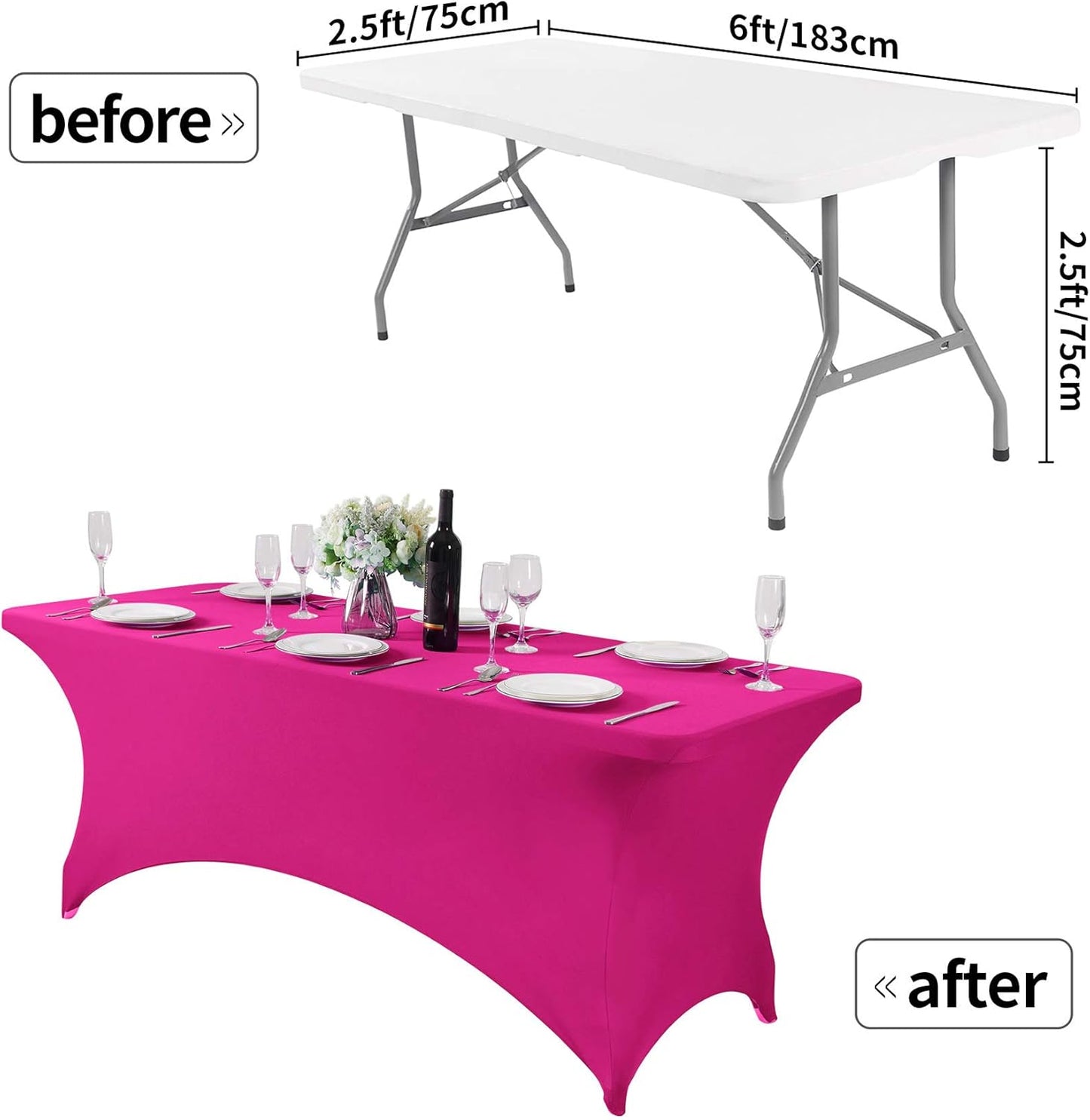 2Pack Spandex Table Cover for 6Ft or 4fT or 8ft Table Universal Fitted Stretch Tablecloth for Party, Banquet, Wedding and Events-Fuchsia