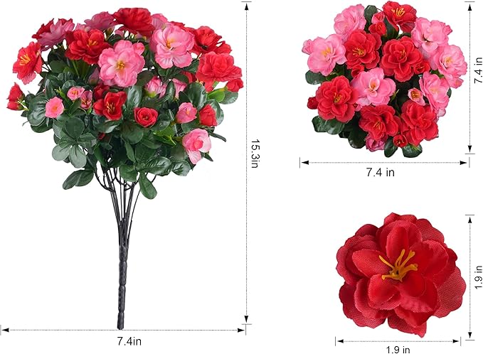 Artificial Faux Outdoor Flowers Plants for Spring Summer Decoration, Fake Silk Camellia UV Resistant Look Real for Planter Outside Front Door Porch Patio Balcony, 3 Large Bundles (Melon Red+Red)