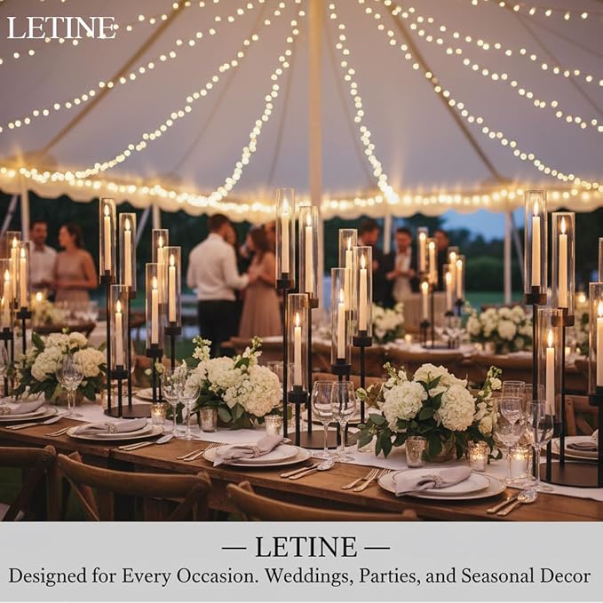 LETINE 6-Arm Black Candelabra, 23.96" Tall Candelabra Centerpieces for Tables with Glass Lampshade & Heavy Base, Vintage Tall Candle Stick Holder for Indoor Outdoor Wedding Party Decor.