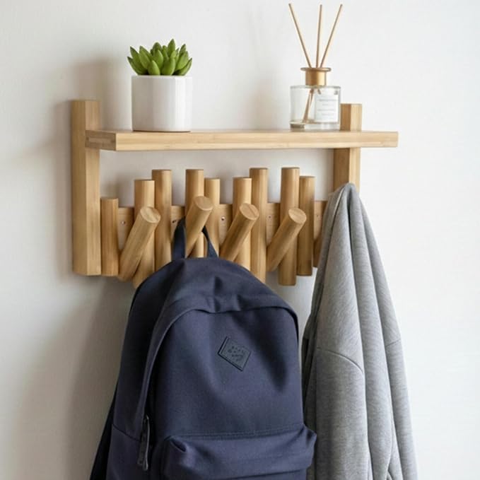 Bamboo Wall Mounted Coat Rack with Shelf Flip Down Wooden Hooks for Entryway Hallway Bedroom | Natural Piano Hanger, 5 Hooks, Space Saving Organizer
