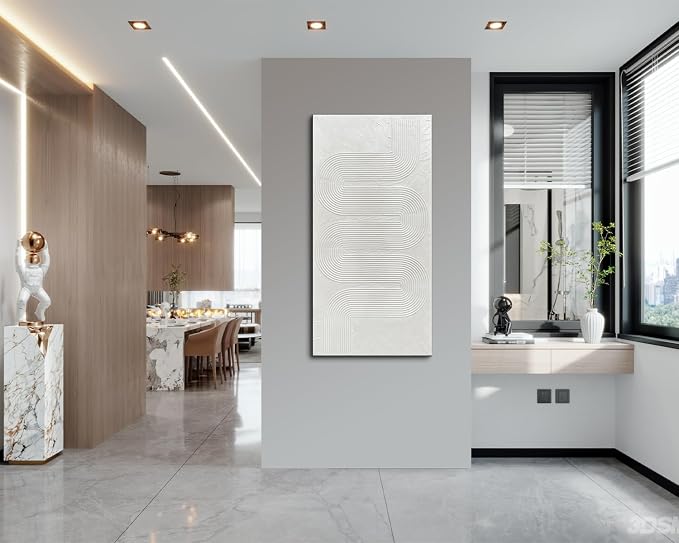Creespi Hand-Painted Textured Wall Art - White Abstract Canvas Oil Painting 24x48 inch,Minimalist Art Painting for Wall Decor