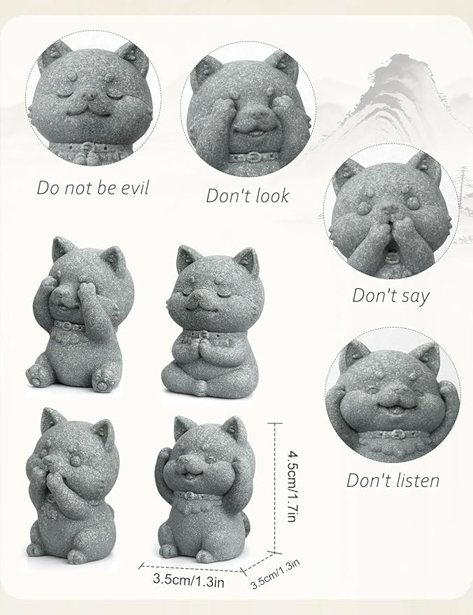 4 Piece Cute Dog Figurine Set, Sandstone See no Evil,Hear no Evil,Speak no Evil,Do no Evil Statues, Zen Garden/Desk Decor