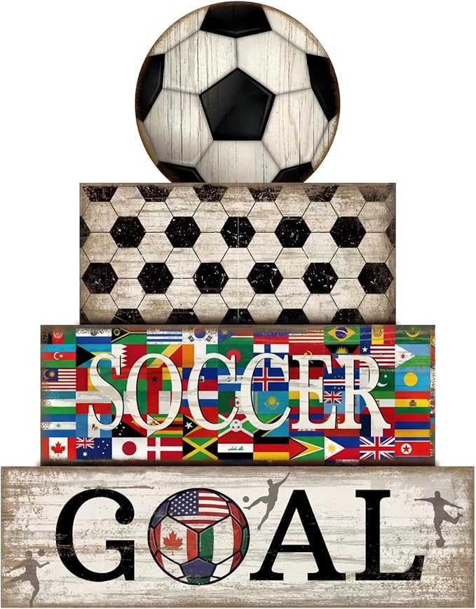 Moucuny 4 Pcs Soccer Table Decor Wooden Sport Tiered Tray Decor National Flags Table Centerpiece Decorative Classic Soccer Block Signs Gift Farmhouse Sports Decoration for Home Kitchen Shelf