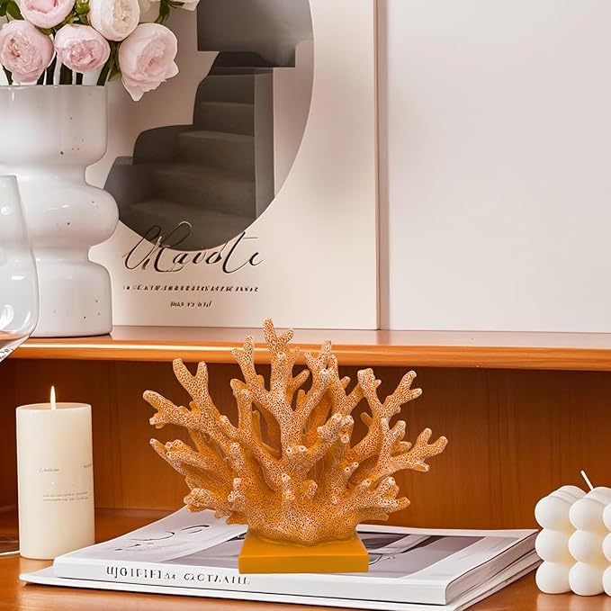 5.8" H Orange Coral Decor - Resin Coral Statue, Nautical Decor for Home, Bedroom, Bathroom, Living Room, Ocean Themed Cabinet Shelf Tabletop Decoration