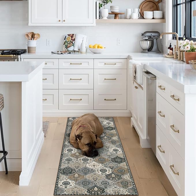 Lahome Moroccan Trellis Washable Runner Rug, 2x6 Runners for Hallways 6 Feet Non Slip Vintage Laundry Room Rug Vintage Ultra-Thin Long Carpet for Kitchen Bedroom Elise, Grey