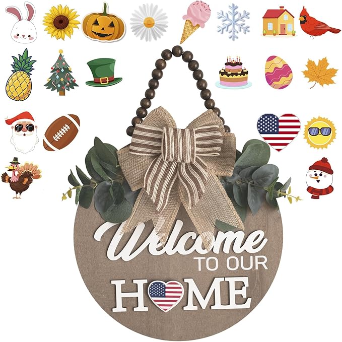 Welcome Sign for Front Door Wreath Decorations for All Seasons Front Porch Decor Hanging Gift for Farmhuose Home Outdoor Indoor（Brown KB)