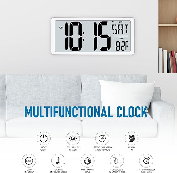 TXL Large Digital Wall Clock with Backlight, 14.2" Battery Operated Alarm Clock with Day, Date & Temperature, Jumbo Display Digital Count Up Down Timer Clock for Seniors, Home, Bedroom Office