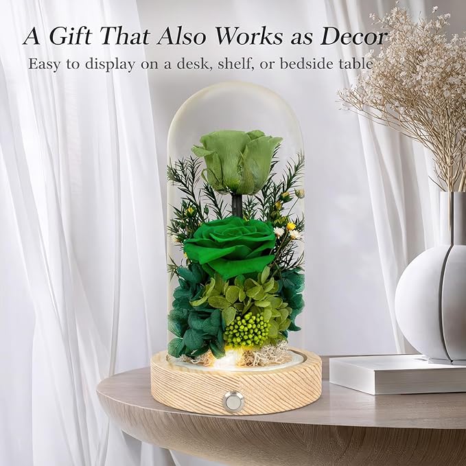 Preserved Flowers Gifts for Women, Unique Green Preserved Roses in Glass Dome, Forever Flowers for Mom, Birthday Gifts for Women