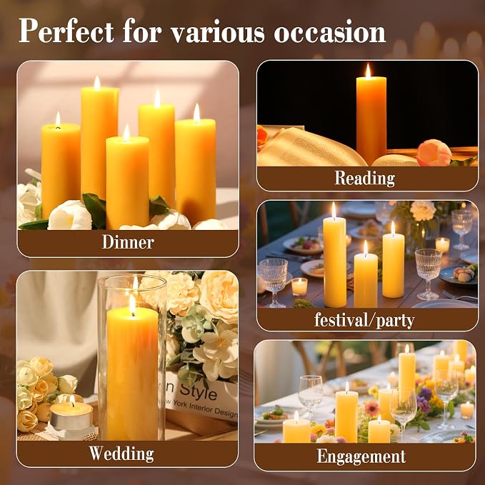 Beeswax Pillar Candles,6 Pack Yellow Pillar Candle,60 Hours Each, 2x6 Inch | Beeswax,Cotton Wick,Organic,Natural,Non-toxic,Unscented,for Home Decor,Fireplace,Emergency,Vigil,Dining,Wedding,Prayer