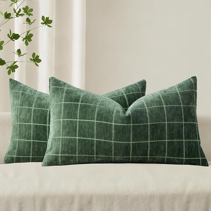 MIULEE Decorative Chenille Check Lumbar Throw Pillow Covers Vintage Plaid Couch Pillows 12x20 Inch Set of 2 Neutral Boho Cushion Covers Modern Spring Home Decor for Sofa Bed Living Room Moss Green
