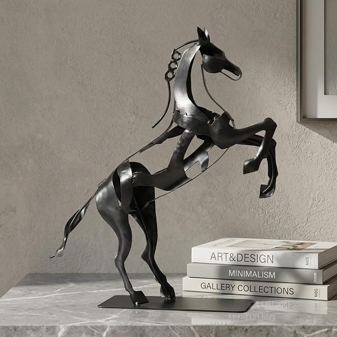 SunBlogs Art Metal Horse Statue Décor, Handmade & Hand-Painted Modern Western Horse Decoration, Rustic Iron Sculpture Gifts for Home Office for Horse Lovers (Black)