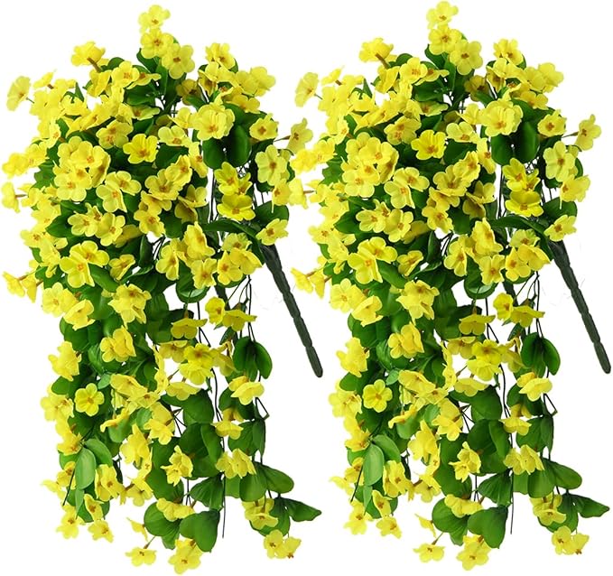 ZFProcess Artificial Fake Hanging Flowers Plants for Outdoor Spring Summer Decoration, 2PCS Faux Silk Violet UV Resistant Look Real Trailing Vines for Outside Home Planter Porch Patio(Yellow)