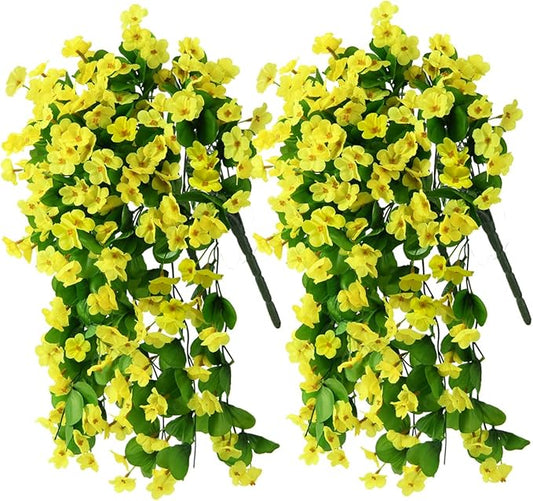 ZFProcess Artificial Fake Hanging Flowers Plants for Outdoor Spring Summer Decoration, 2PCS Faux Silk Violet UV Resistant Look Real Trailing Vines for Outside Home Planter Porch Patio(Yellow)