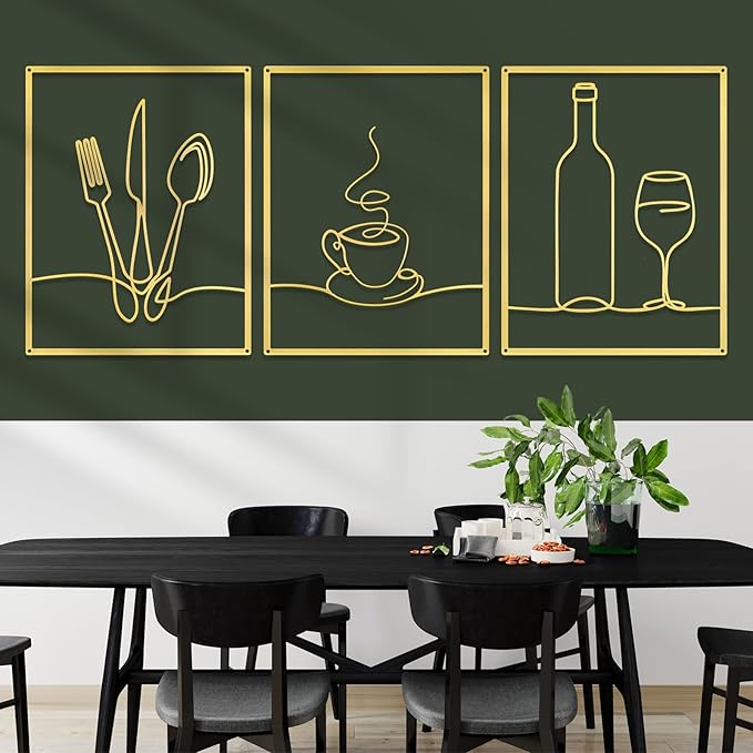 Otoolling 3 Pieces Metal Minimalist Line Kitchen Signs Wall Decor Drawing Rustic Kitchen Wall Art for Dining Living Room Home, 14 x 11 Inches(Dining Room,Gold)