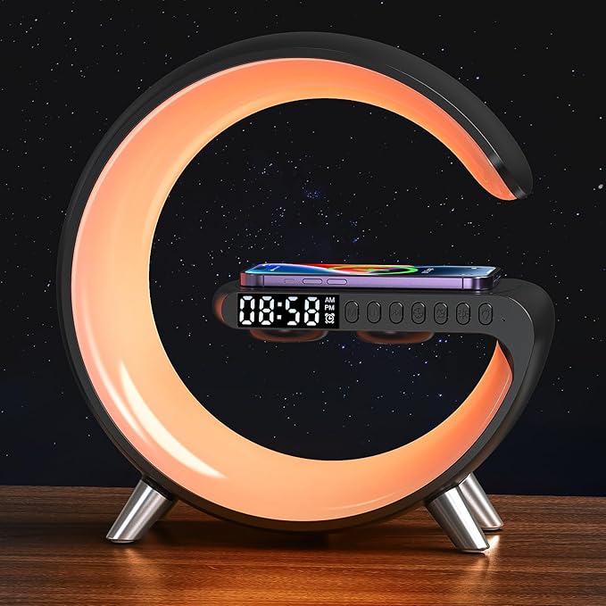 Smart LED Table Lamp, 4-in-1 Wireless Charger, Night Light, Alarm Clock, and Bluetooth Speaker with App Control for Bedroom, Office, and Home Decor (Black)
