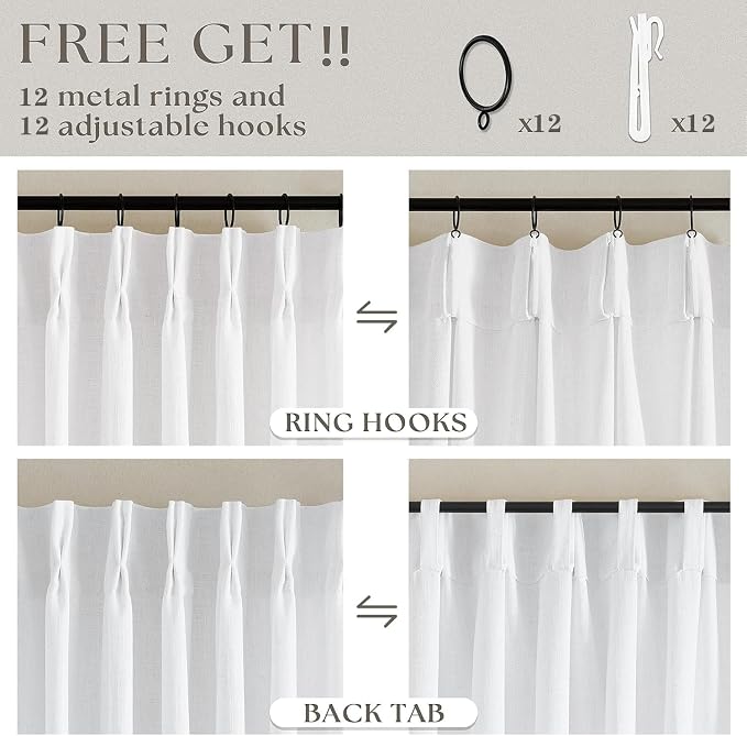 Extra Wide Pinch Pleated Linen Curtains 90 Inches Long 70 Inch Width for Living Room Bedroom Light Filtering White Semi Sheer Pleat Window Curtain Pinch Pleated Drape with Hooks Rings 1 Panel 70x90