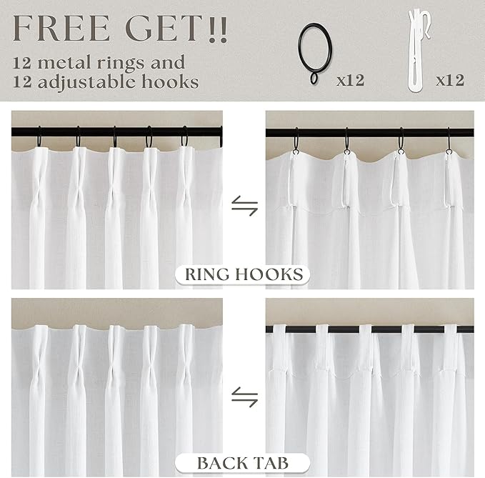 TWODRAPES Extra Wide 108 Inch Long Curtains 70 Inch Wide Pinch Pleat Linen Curtains for Living Room Bedroom Light Filtering Privacy Pleated Drapes Hooks Rings Back Tab for Sliding Door White 1 Panel