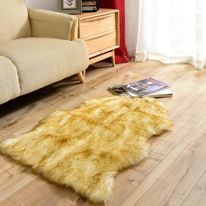 Carvapet 2x3 Luxury Faux Sheepskin Rug - Yellow and White Soft Fluffy Shaggy Area Carpet, Plush Fuzzy Throw and Small Furry Chair Cover Seat Pad for Bedroom Living Room