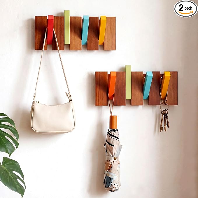 Youyole 2 Pcs 4 Hook Wooden Coat Hooks Wall Mounted Mid Century Modern Folding Coat Rack Hanger Heavy Duty Flip Down Piano Hat Rack for Hanging Coats Keys Hats Robe Towels Home