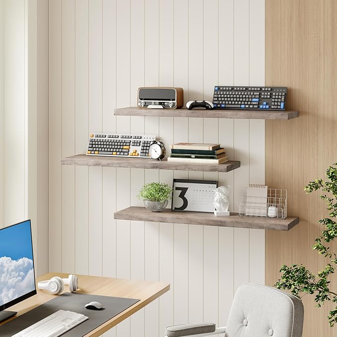 RALGEND Floating Shelves for Wall, 1.5" Thick Wall Shelf Set of 3 with Invisible Brackets, L39.4 x W7.9 Hanging Book Shelves Farmhouse Home Decor for Bathroom, Living Room, Bedroom, Greige 10301BJP3BG