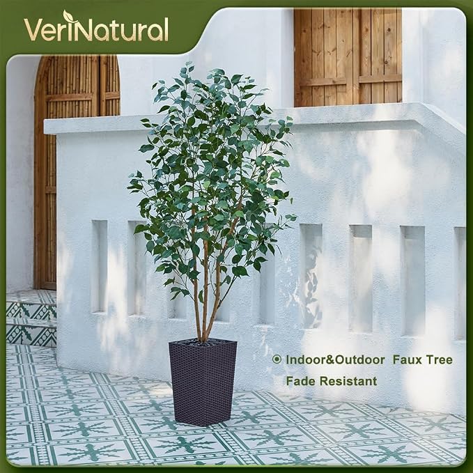 VeriNatural 6ft Artificial Ficus Tree,Tall Faux Tree with Silk Leaves & Real Wood Trunk,UV Resistant Potted Fake Plant with Pebbles & Planter-Indoor Outdoor Floor Plant for Home Living Room,VN129