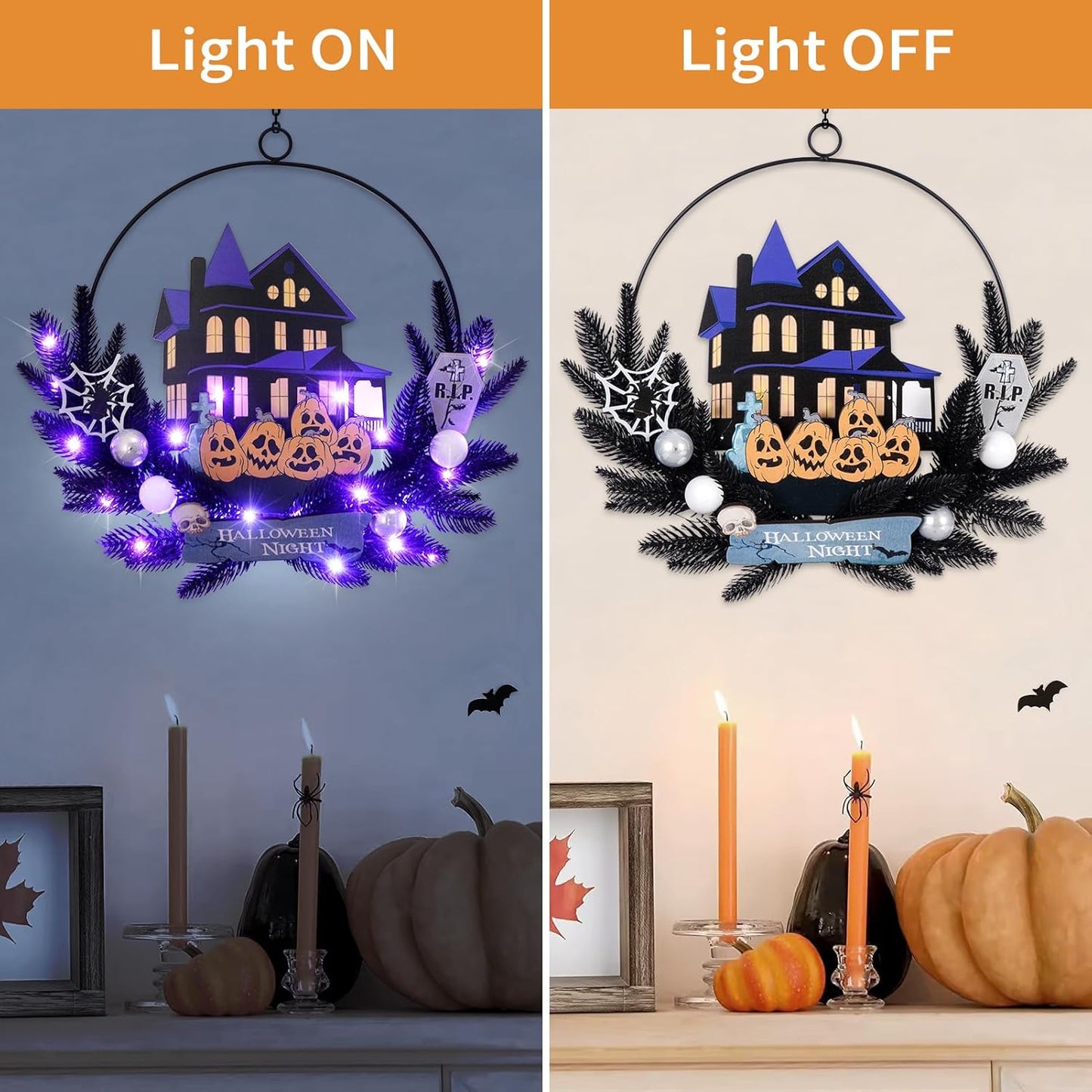 Lighted Halloween Wreaths for Front Door, Welcome Metal Wooden Door Wreath Decor Hanging Sign, 30 LED Lighted Wall Decor Battery Operated for Halloween Indoor Outdoor (Pumpkin)