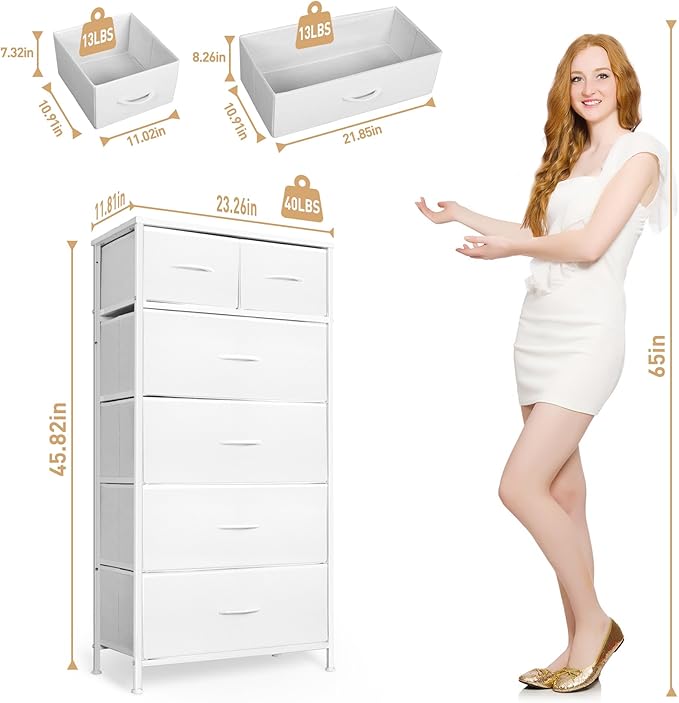 Mifuro Tall Dresser for Bedroom, Vertical Storage Organizer Tower with 6 Drawers, Chest of Drawers with Fabric Bins, Steel Frame, Wood Top for Bedroom, Closet, Entryway- White