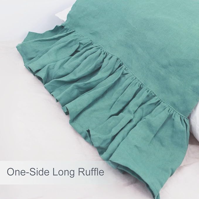 Green Ruffles Linen Pillowcase, 100% French Linen Pillow Cover, Queen Size 1 Piece Farmhouse Shabby Chic Pillow Case, 20''x30'' Pillowcase with Decorative Ruffle Envelope Closure