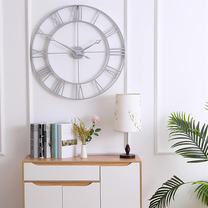 CLXEAST Large Modern 30 Inch Wall Clock Silver, Oversized Big Roman Numeral Metal Wall Clocks for Living Room Decor, Home Office,Dinning Room