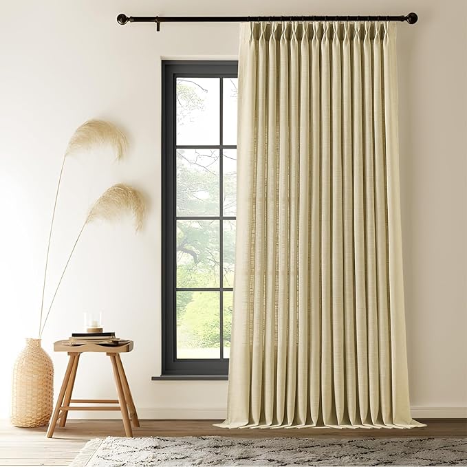 Pinch Pleated Extra Wide Linen Curtains 102 Inch Long for Sliding Glass Door, Grey Beige Light Filtering Curtain Textured Semi-Sheer Pleat Drapes with Hooks 60 Inch Width for Living Room Farmhouse