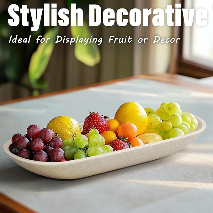 Long Decorative Bowl for Centerpiece, Dough Bowl for home decor 16" Beige | Minimalist Design Dough Bowl Decor for Coffee Table and Dining Table Centerpiece. Clutter Organizer with Anti-Slip Base