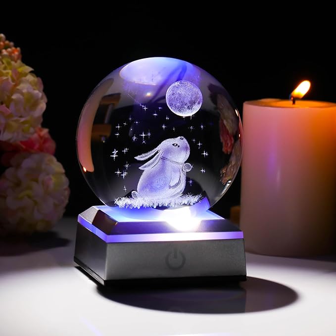 3.15in. Crystal Ball Engraved 3D Rabbit and Moon Stars Figurine Paperweght with LED Light Base, Glass Bunny Sphere Decor Birthday Easter Gifts for Women Boys Girls