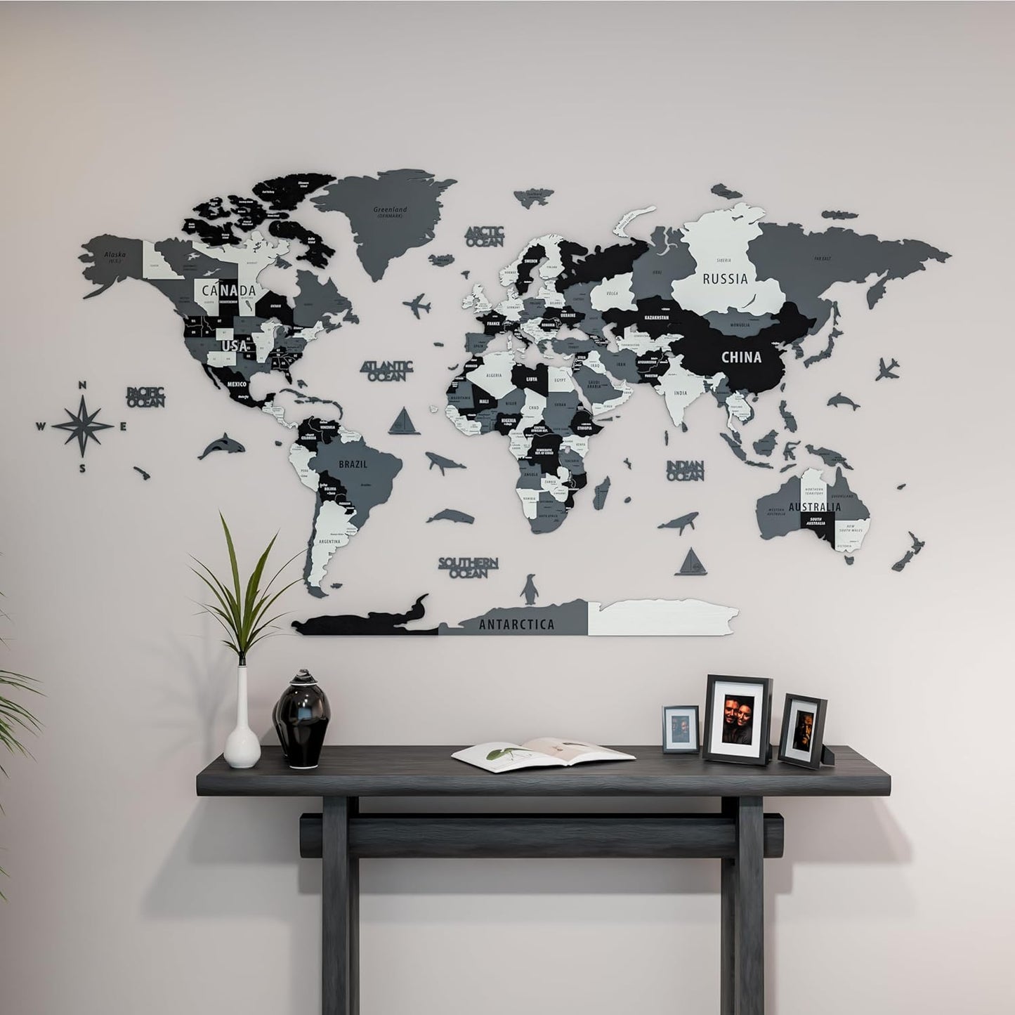 Colorfull Worlds 3D Wooden World Map Wall Art | Unique Wall Decor with Pins for Travel Enthusiasts | Home and Office Wall Décor | Grey | Medium