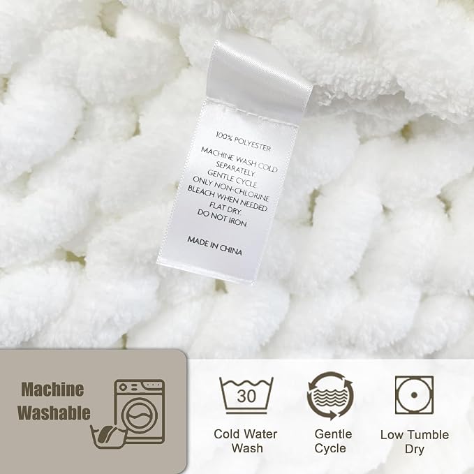 Chunky Knit Throw Blanket 60x80, 100% Handmade Chenille Yarn | 6.7lbs Soft Thick Cable Knitted Blankets, Large Rope Knot Crochet Throws for Couch Sofa Bed Machine Washable, Snow White