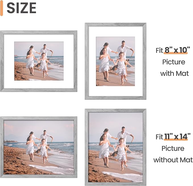 upsimples 11x14 Picture Frame, Display Pictures 8x10 with Mat or 11 x 14 Without, Wall Hanging Photo Frames, Gray, 1 Pack