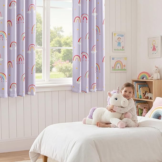 Vangao Blackout Curtains for Kids Bedroom Rainbow Purple Nursery Curtains 63 Inch Length Short Drapes for Teen Girls Thermal Insulated Room Darkening Light Blocking for Living Room Set of 2