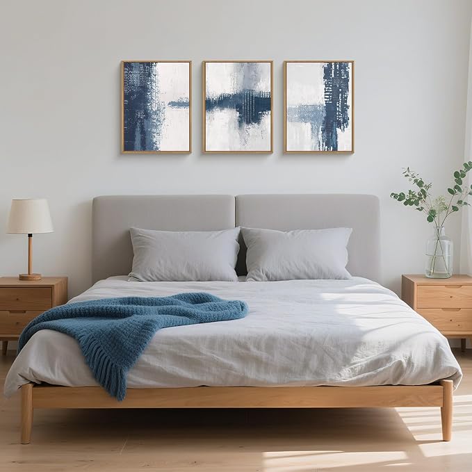 Abstract Navy Blue Grey Framed Canvas Wall Art Set,Modern Minimalist Wall Decor,Neutral Brush Stroke Artwork for Living Room,Bedroom,Dining Room,Office -12"x16"x3
