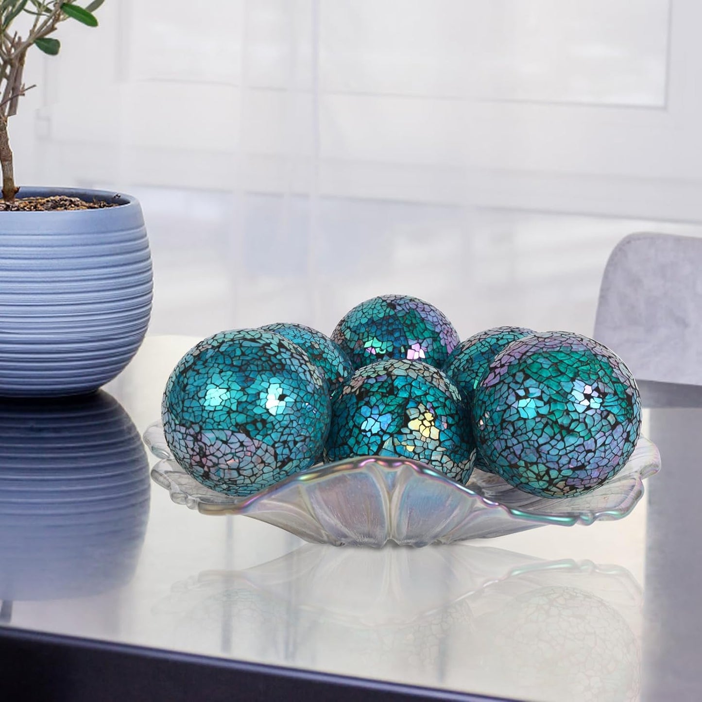 6Pcs Decorative Ball for Bowls, 8cm/3.15inch Mosaic Glass Centerpiece Decoration Balls Mirror Glass Ball Fillers for Home Decor Dining Tables Wedding Party (Dazzle Blue)