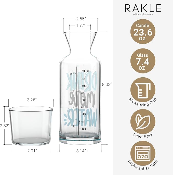 RAKLE Bedside Water Carafe & Glass Cup Set, 700cc 24oz Nightstand Decanter for Bedroom Kitchen Office, Glass Carafe Set for Home, Motivational Sayings