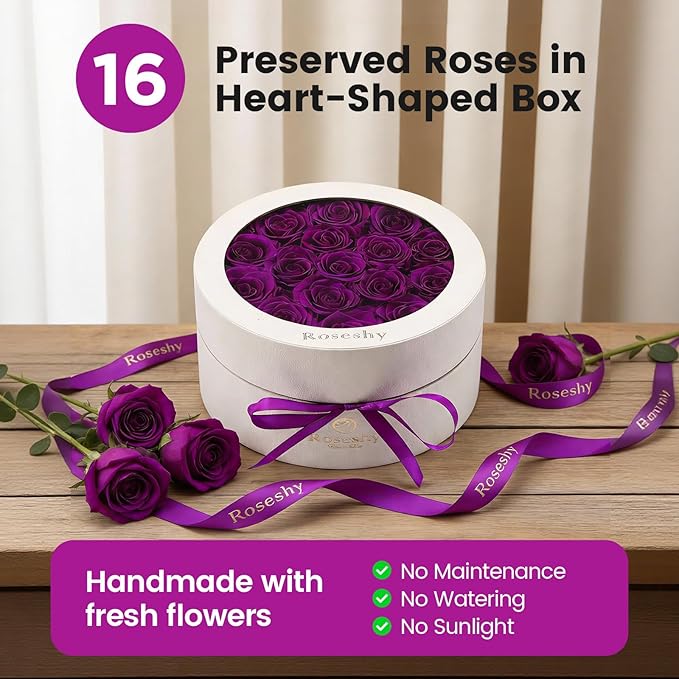 Mothers Day Flowers Roses Gifts for Mom,16pcs Purple Forever Preserved Roses in Round Gift Box,Mothers Day Delivery Prime Gifts-Roses Gifts for Women,Mom.