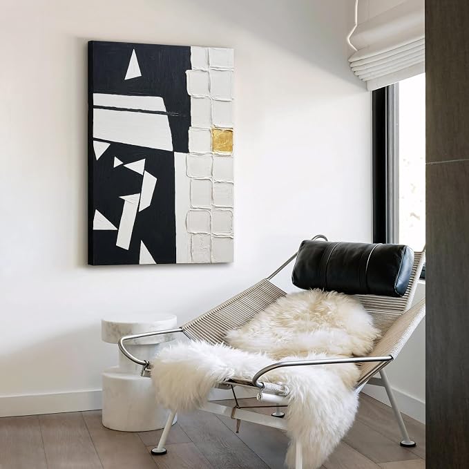Modern Black & White Abstract 3D Textured Canvas Wall Art with Gold Leaf | Minimalist Geometric Hand-Painted Oil Painting Artwork, Large Original Wall Decor for Living Room Bedroom Office 24x36 Inch