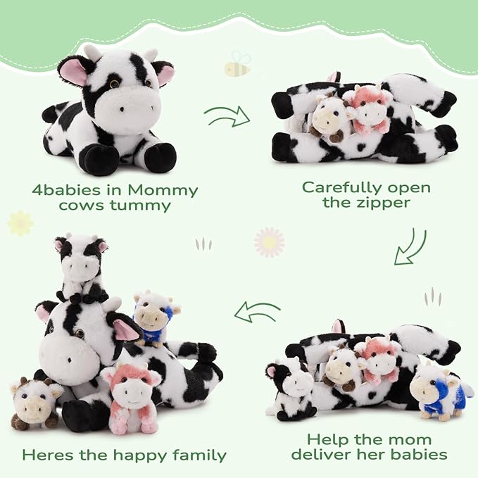 MorisMos 5Pcs Cow Stuffed Animals, 16inch Mommy Cow with 4 Babies, Soft Stuffed Cows Plush Gift Kids, Boys, Girls