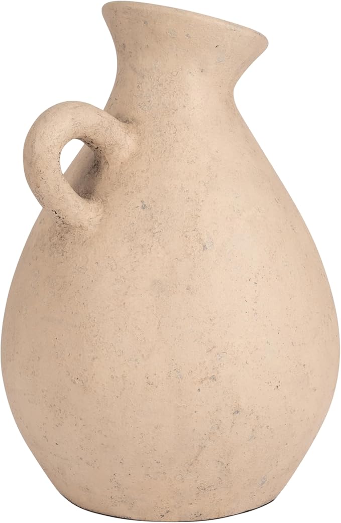 Terracotta Jug with Handle Vase for Living Room Decor - Decorative Home Accents for Bedroom, Office, and Table Centerpiece - Modern Flower Vase for Kitchen Counter and House Styling - 17", Ivory & Tan