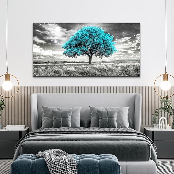KELIYUAN Large Canvas Wall Art For Living Room Wall Decor For Bedroom Corridor Blue Tree Natural Scenery Full Of Stars Black And White Modern Printing Dining Room Kitchen Home Decoration 30 "X 60"
